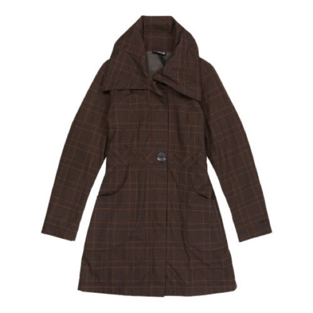 PATAGONIA Darya Medium PolarTec Fleece-Lined Plaid Trench Coat Brown Long
